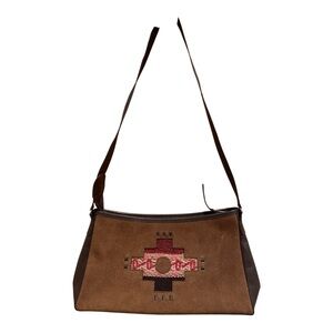 Vintage Western Brown Suede Shoulder Bag Purse Aztec Embroidered Boho Festival